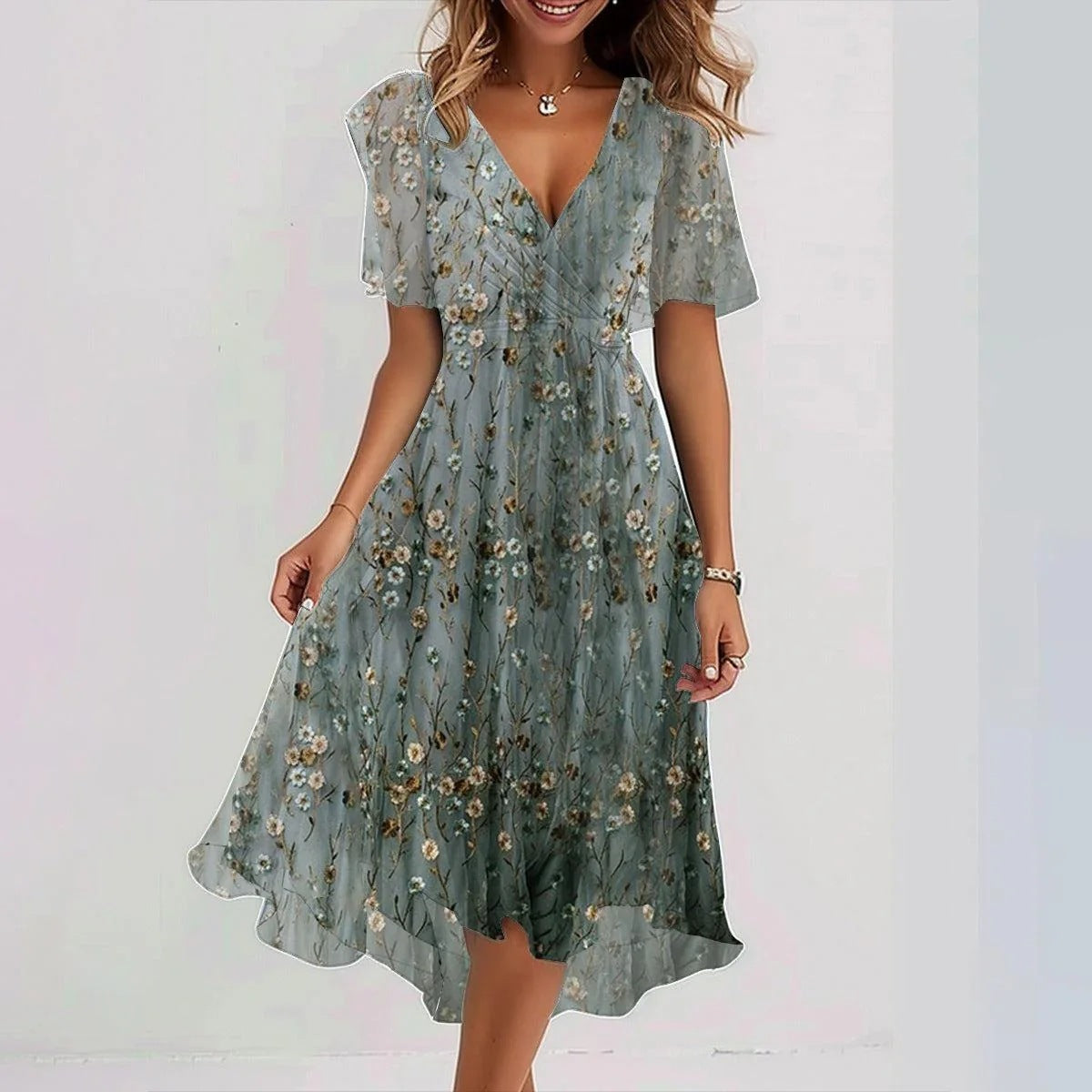 Chiffon Printed Short-Sleeve Dress