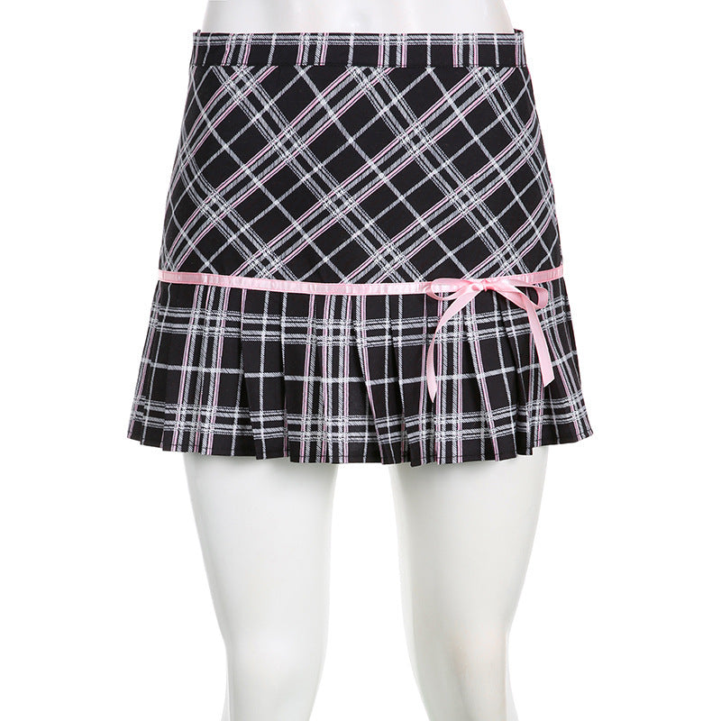 Low-Waist Plaid Retro Pleated Skirt
