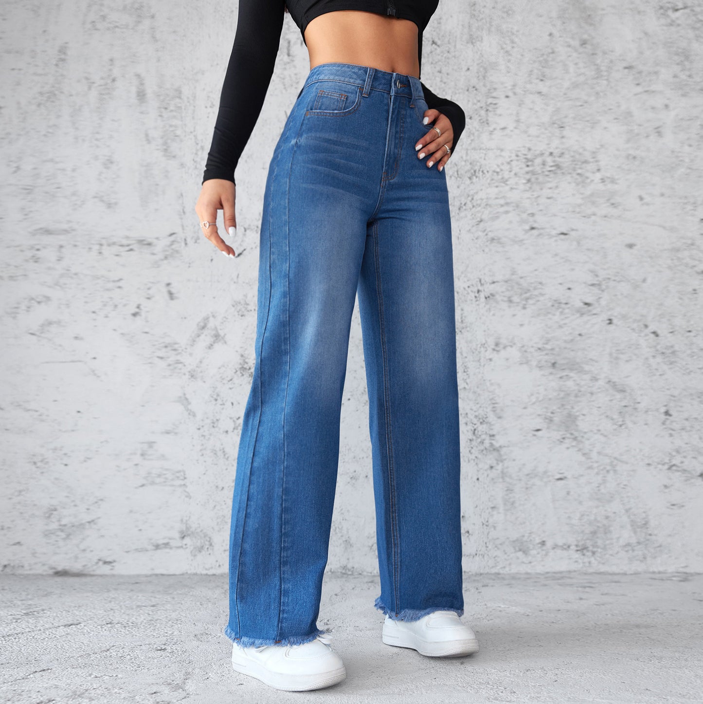High-Waist Wide-Leg Denim Trousers