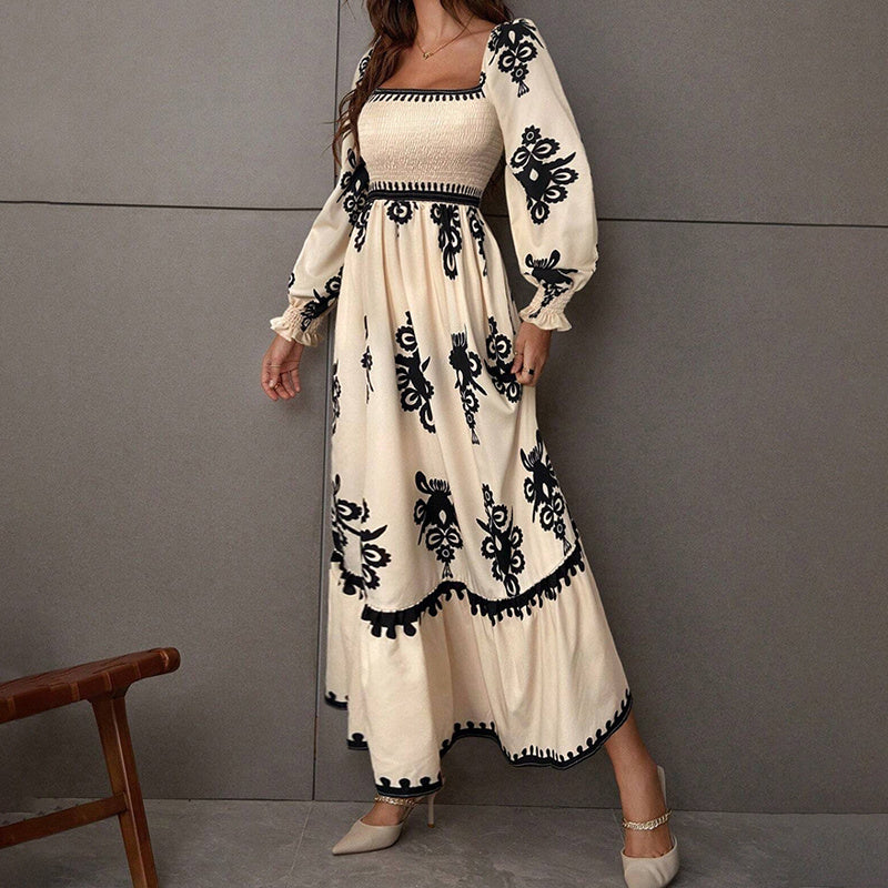 Elegant Retro Geometric Print Lantern-Sleeve Dress - US Only