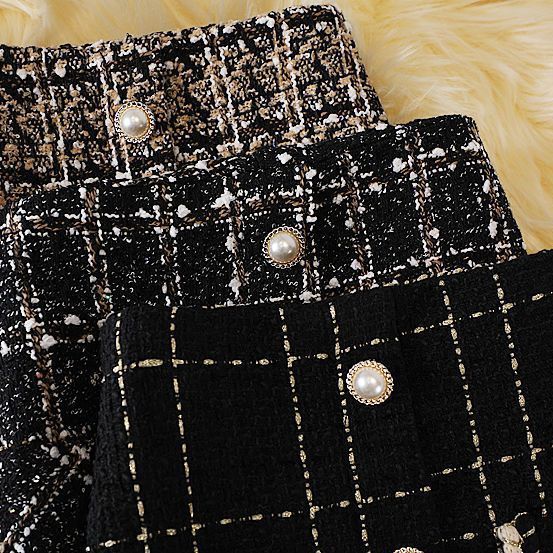 High-Waist Slim Woollen Plaid Skirt