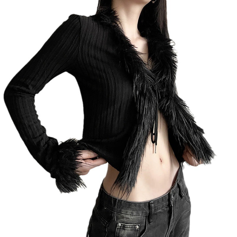 Knitted Plush Lace-Up Waist-Tight Navel-Out Top