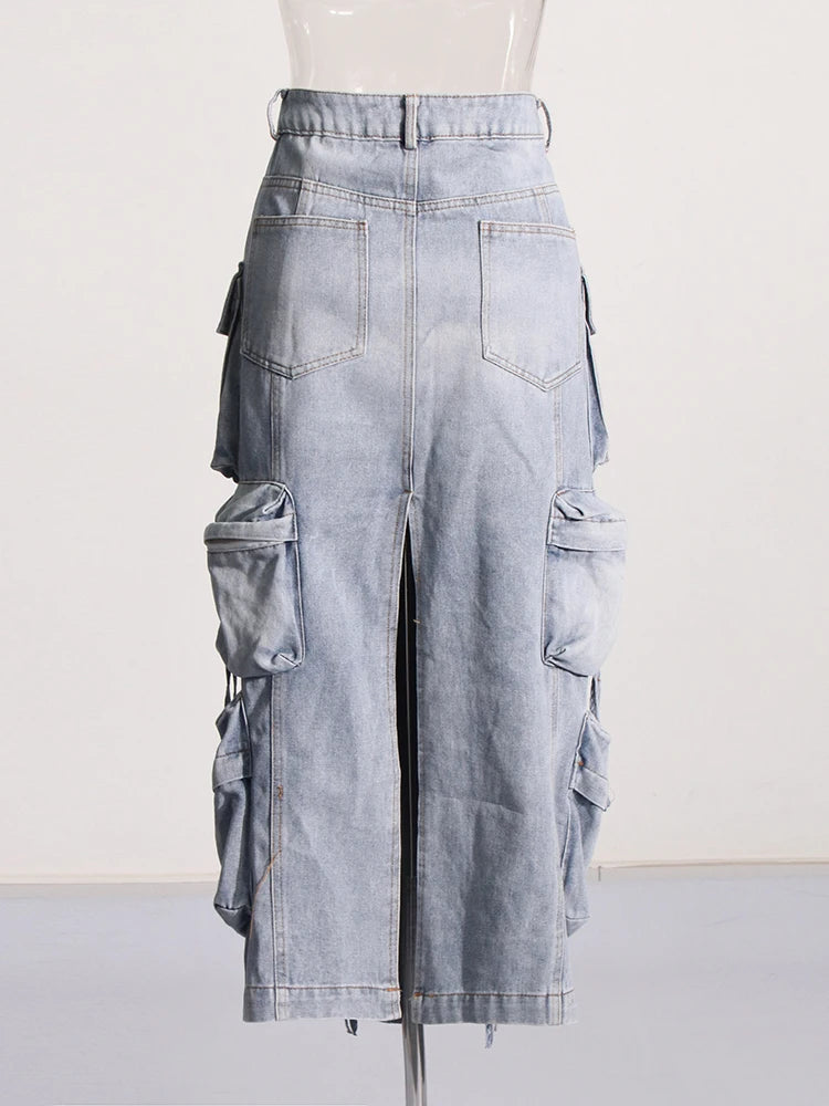 High-Waist Patchwork Pocket Cargo Skirt