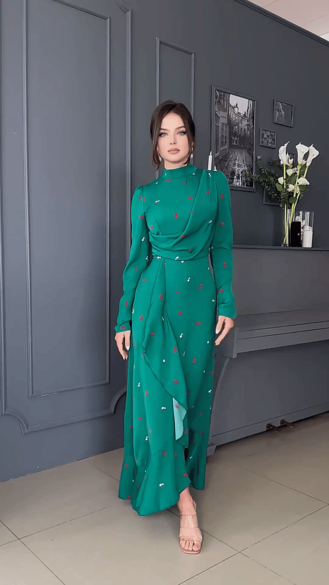Long-Sleeve Slim-Fit Ruffled Large Swing Dress
