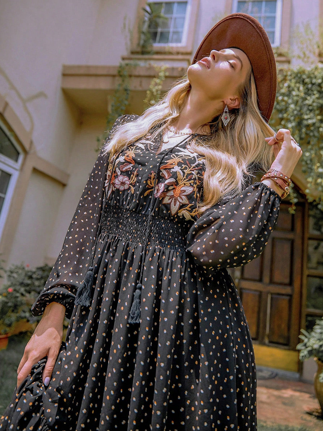 Embroidered Polka Dot Tie-Neck Long-Sleeve Midi Dress - US only