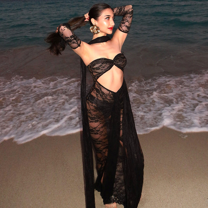 Chest-Wrap Long-Sleeved Lace Dress