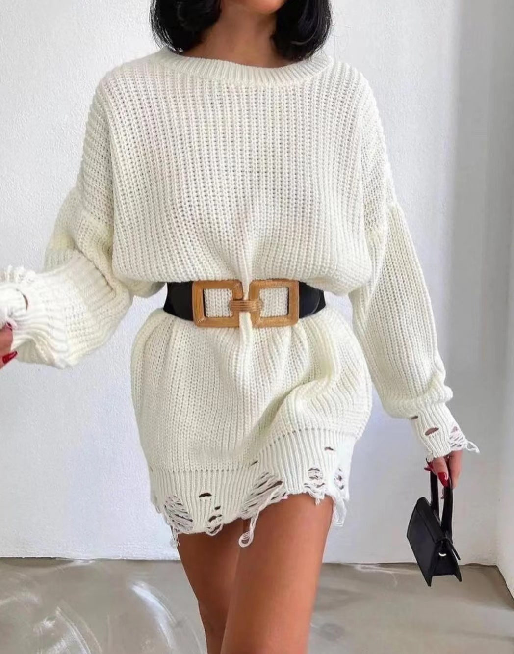 Round-Neck Long-Sleeve Burrs Loose Knitted Pullover Sweater Dress
