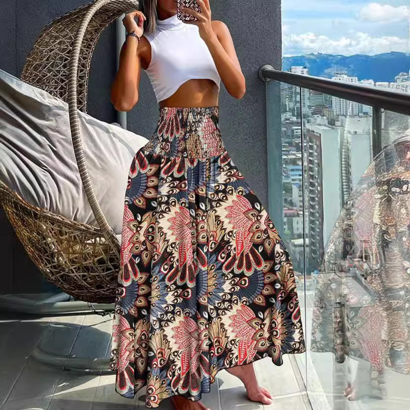 Elastic High-Waist Boho Print Skirt