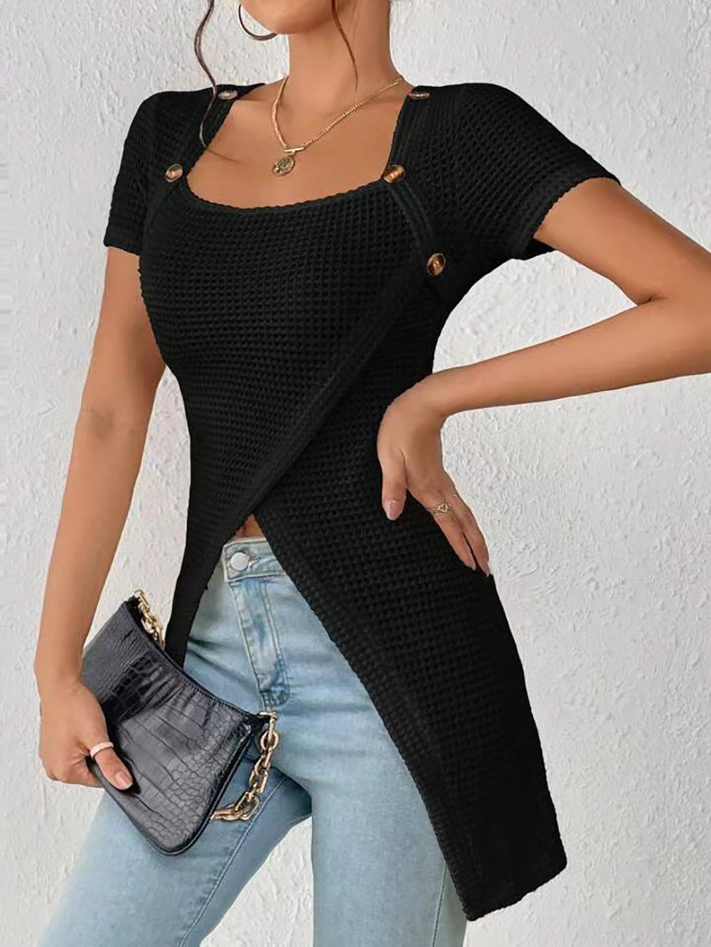 Women's Waffle Button Trim Long-Hem Slit Top