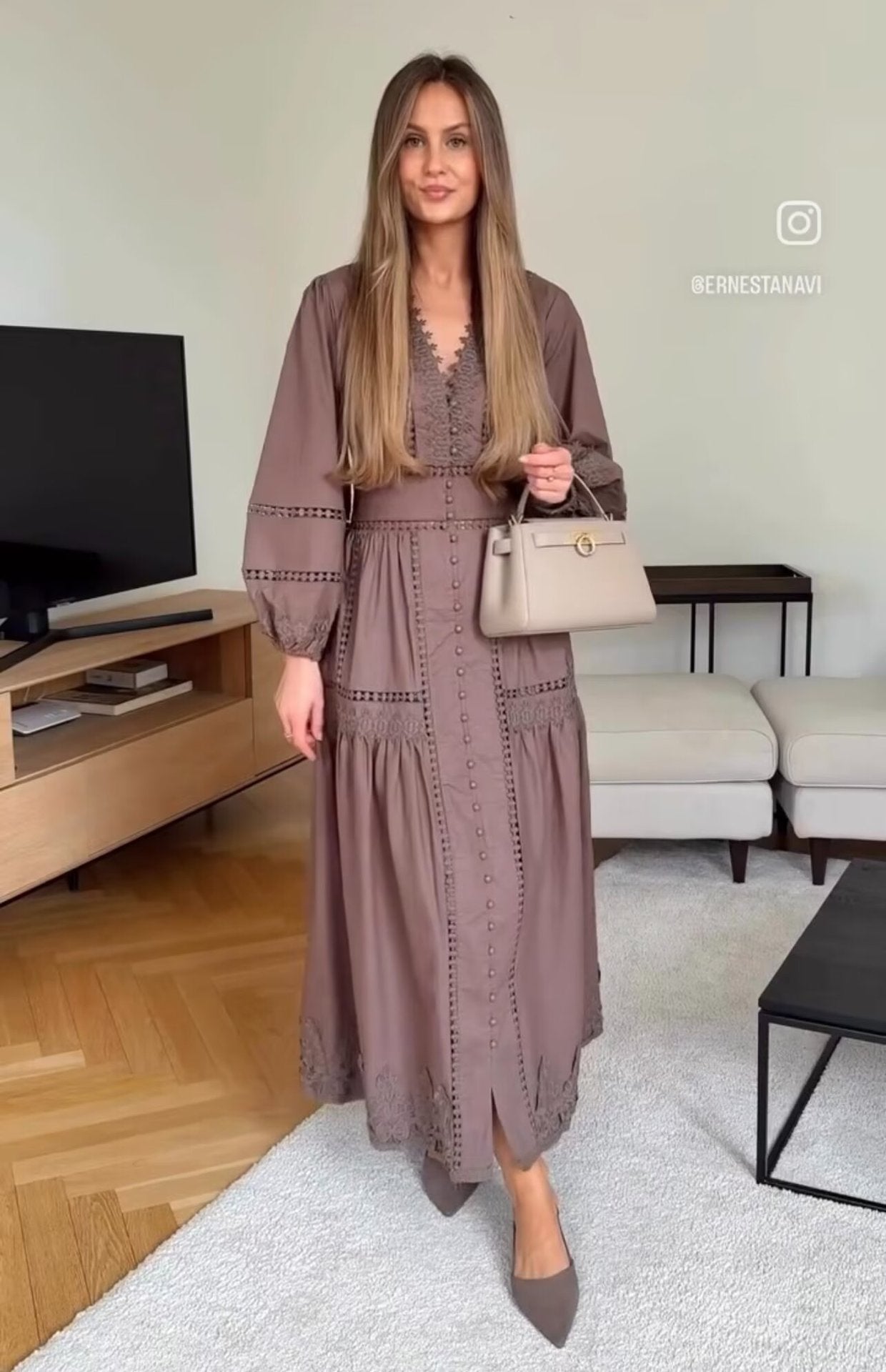 V-Neck Lace-Decorated Loose Dress