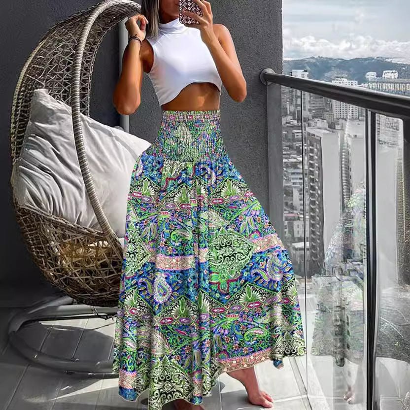 Elastic High-Waist Boho Print Skirt