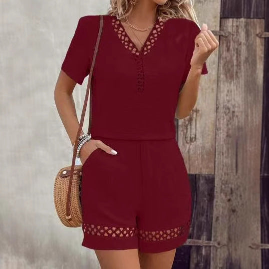 Stitching Short-Sleeve Shorts Outfit