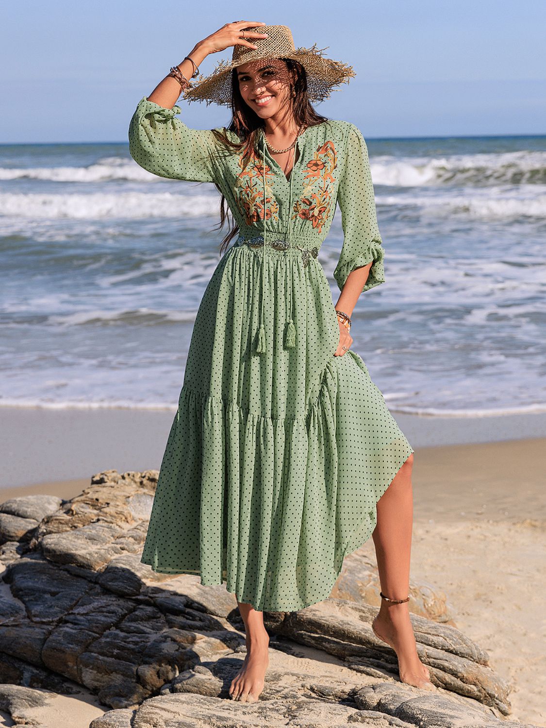Embroidered Polka Dot Tie-Neck Long-Sleeve Midi Dress - US only