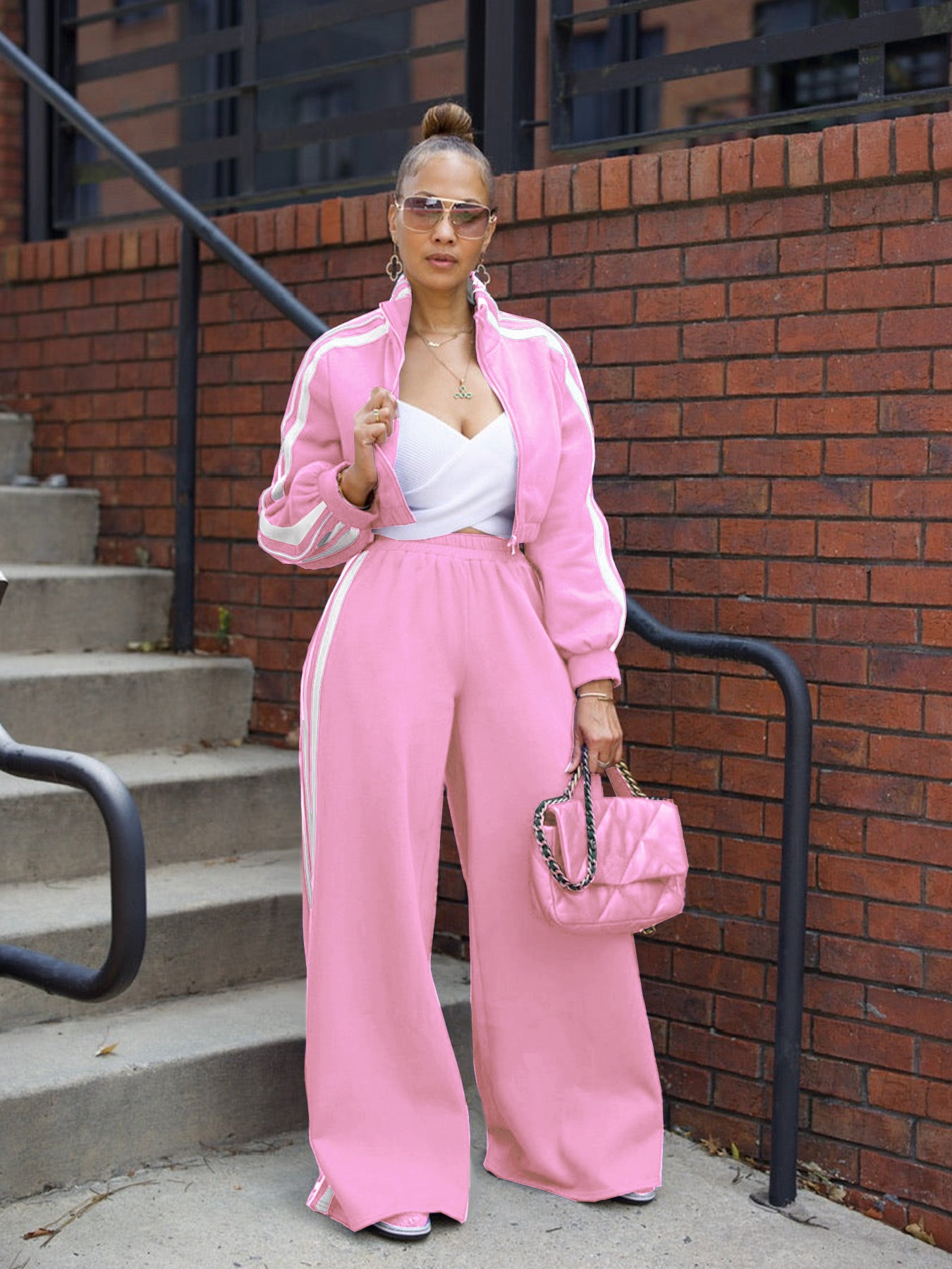 Thickened Striped Zipper Top Two-Piece Outfit