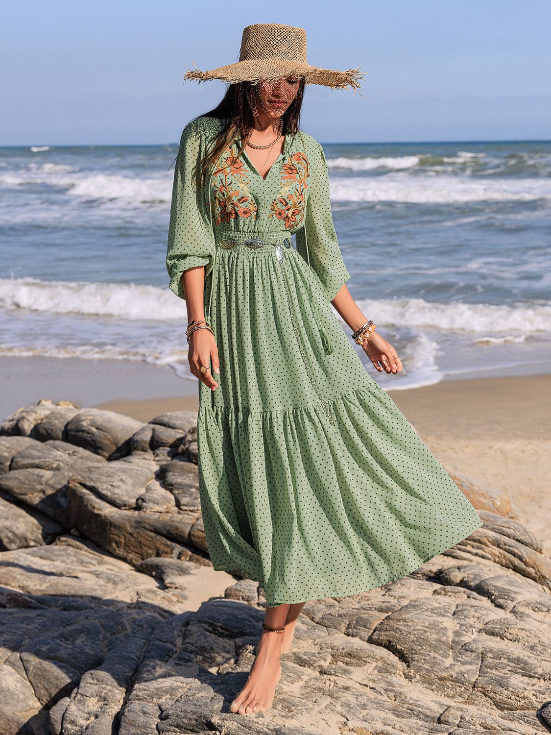 Embroidered Polka Dot Tie-Neck Long-Sleeve Midi Dress - US only