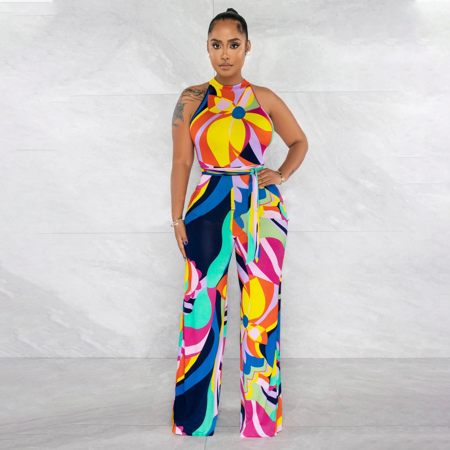 Women's Printed Sleeveless Lace-Up Jumpsuit