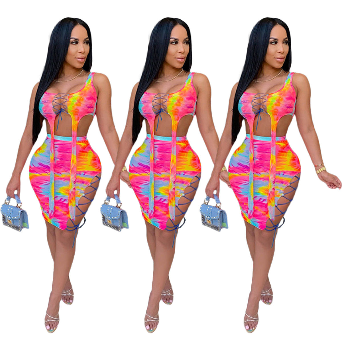 Tie-Dye Hollow Bandage Two-Piece Outfit