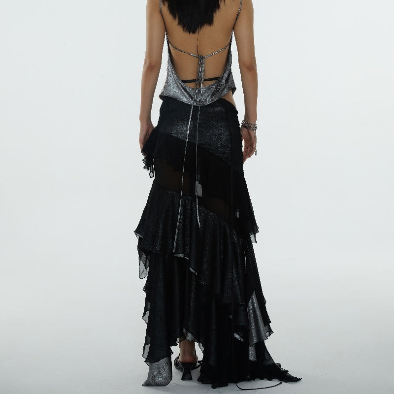 Irregular Ruffled Stitching See-Through Skirt