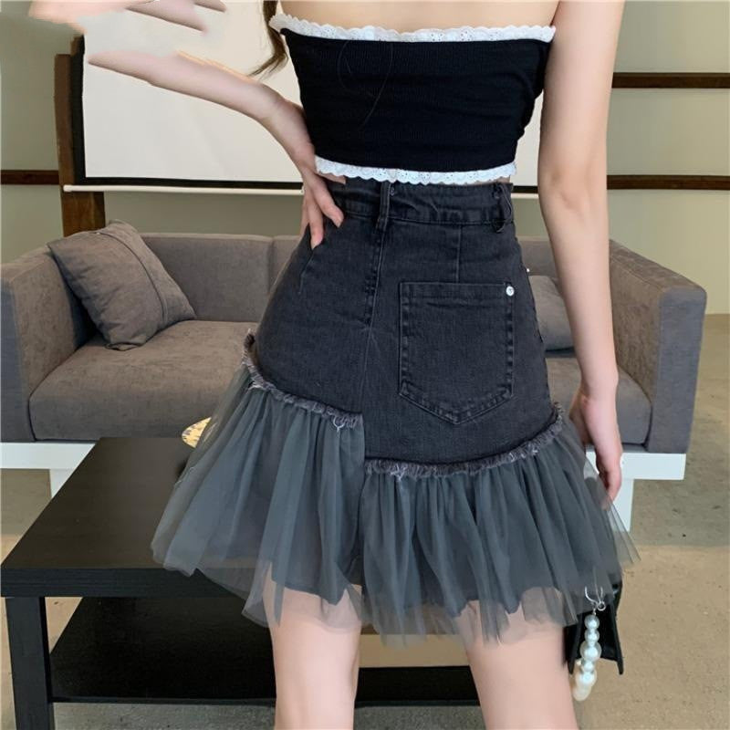 Design Sense Mesh Spliced Mini Skirt