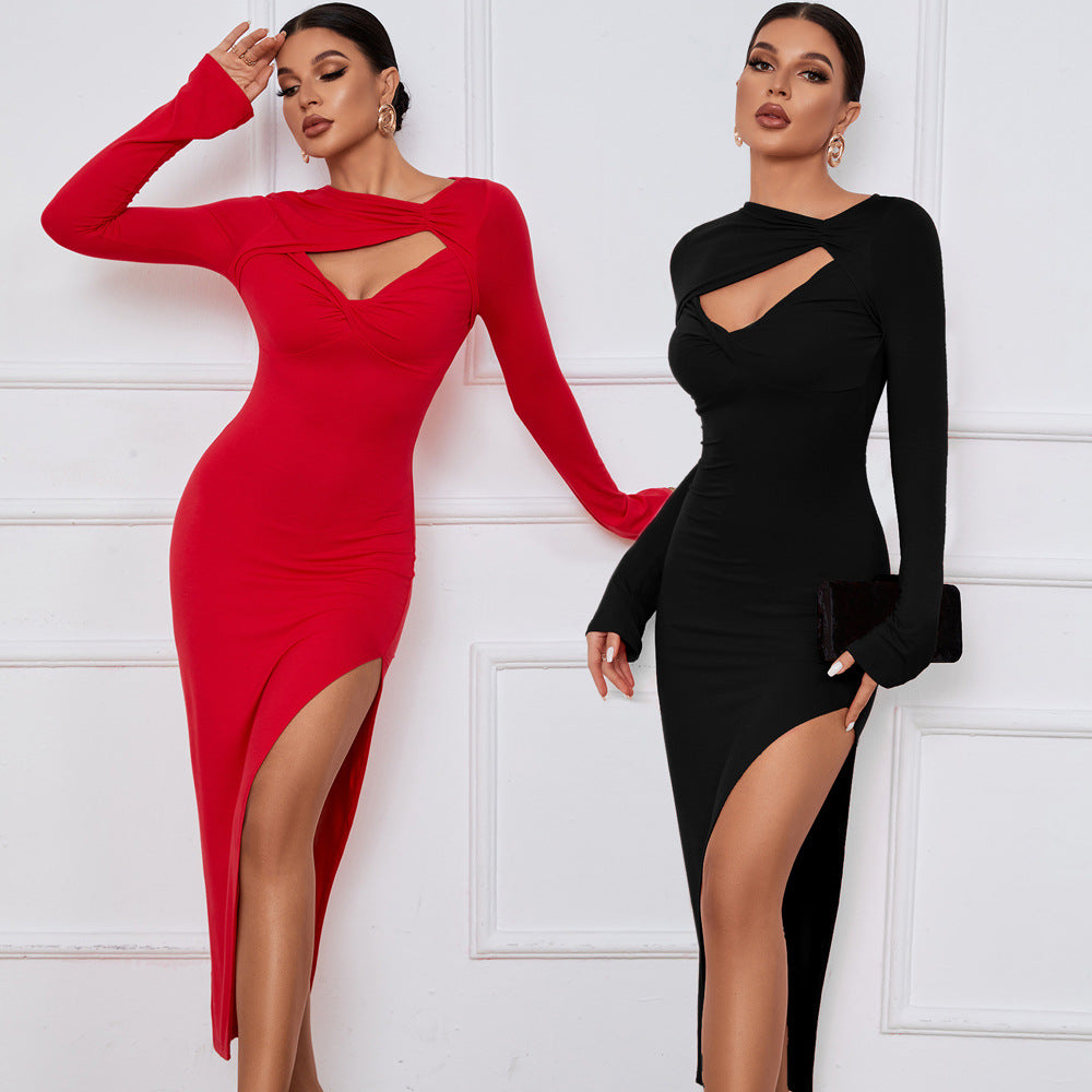 Hollow-Out Slit Long-Sleeve Dress