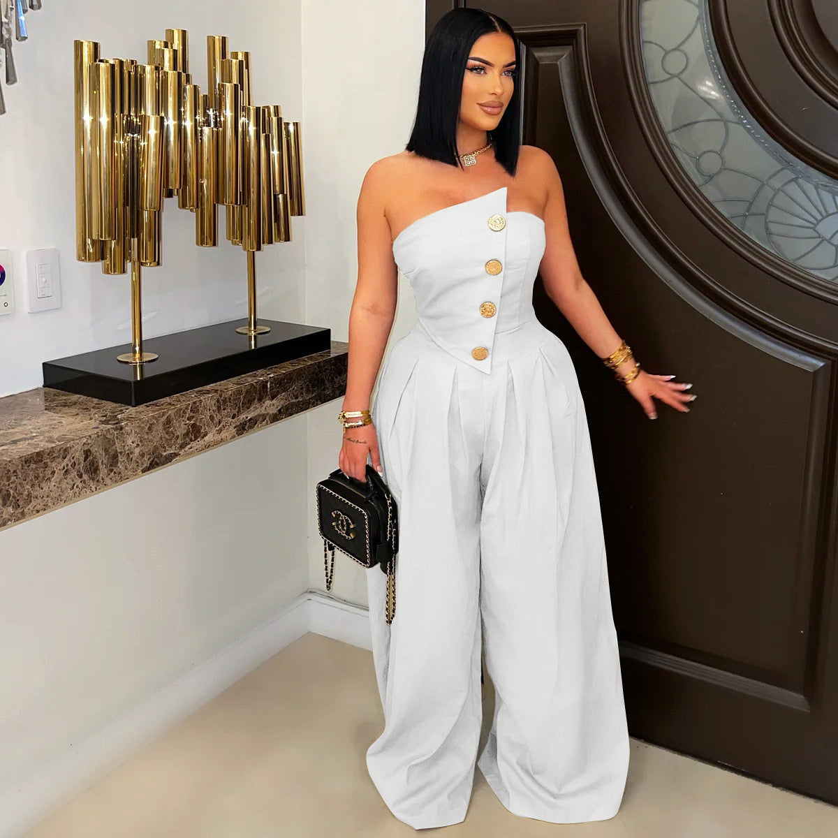 Tube-Top Sleeveless Metal Button Wide-Leg Jumpsuit