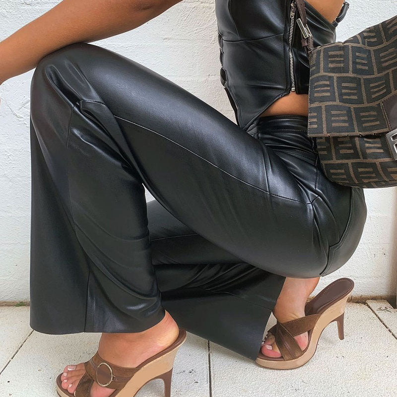 PU Leather High-Waist Loose Black Trousers - Women's Casual Straight-Leg Pants