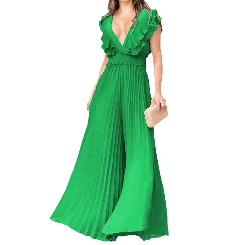 Women's V-Neck Ruffled Pleated Dress