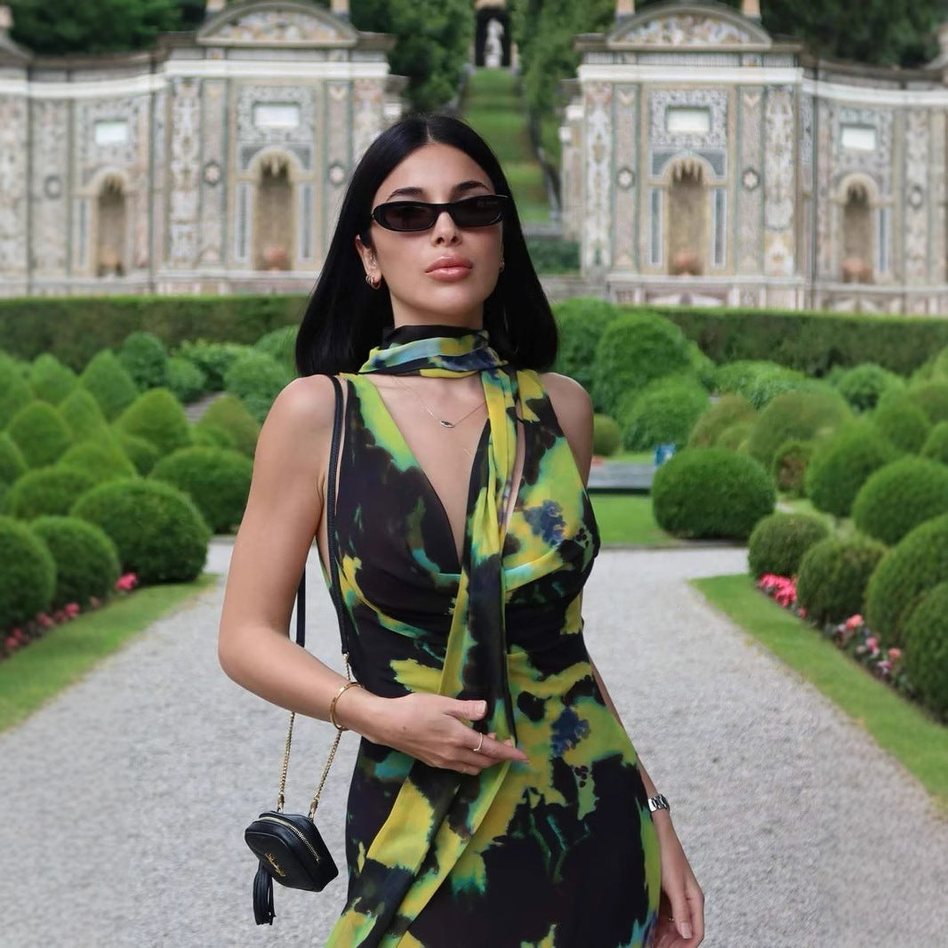 Halter Scarf-Decorated V-Neck Printed Dress