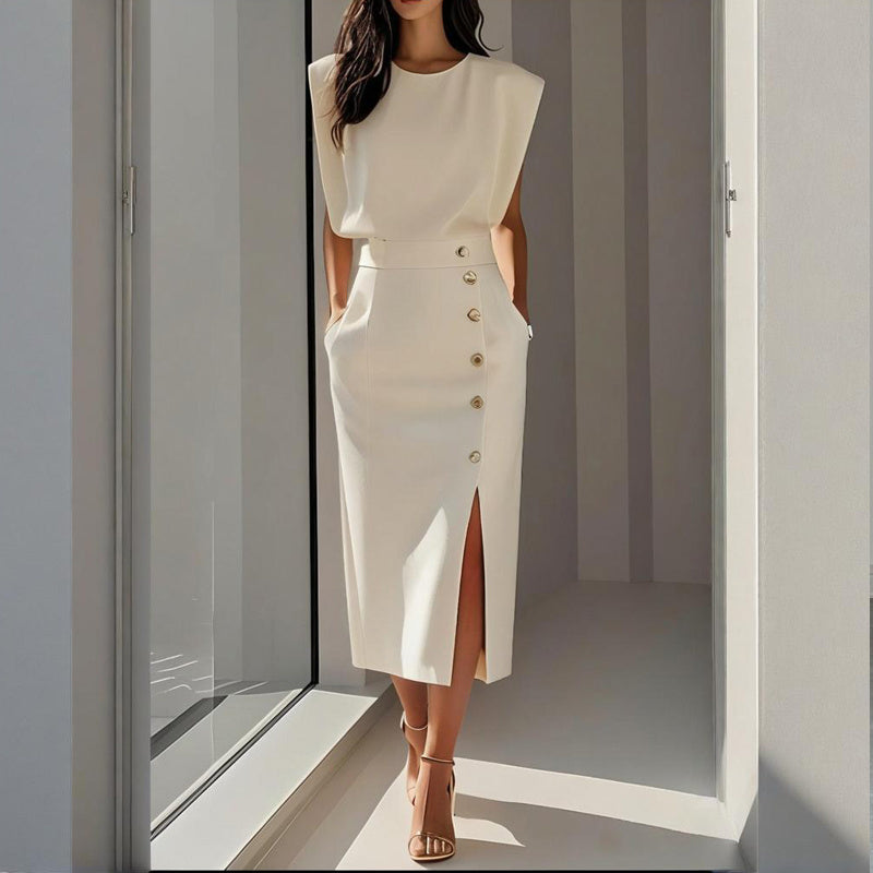 Side-Slit Button & Pockets A-Line Midi Dress - US Only