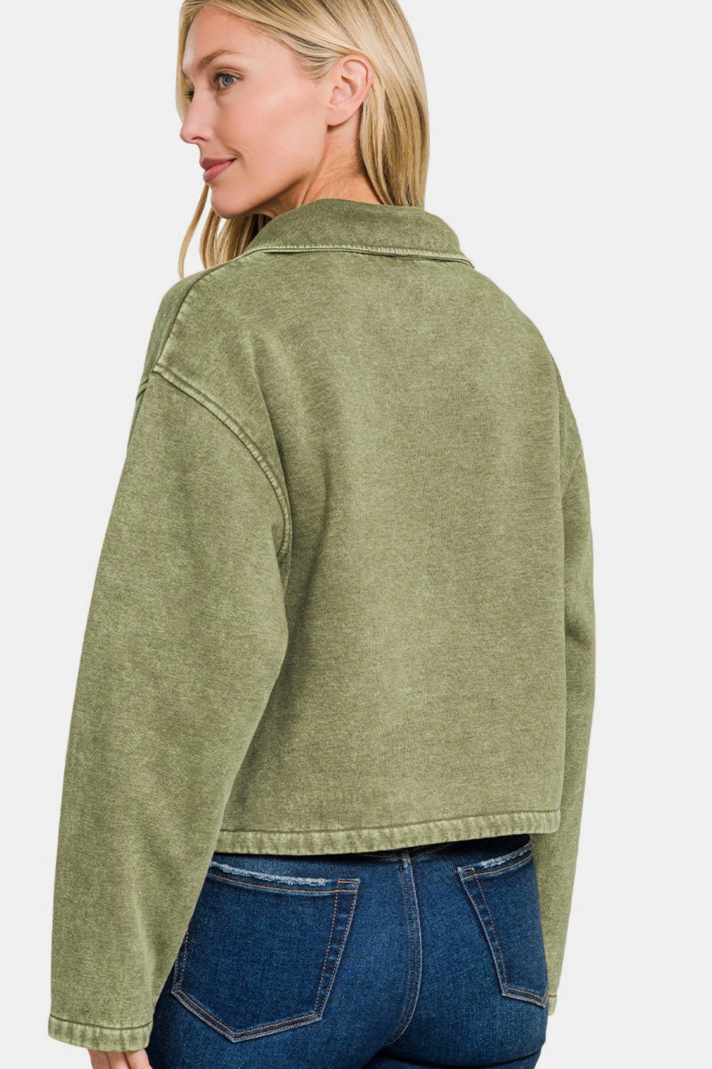 Acid-Wash Fleece Half-Snap Sweatshirt With Pocket - US Only