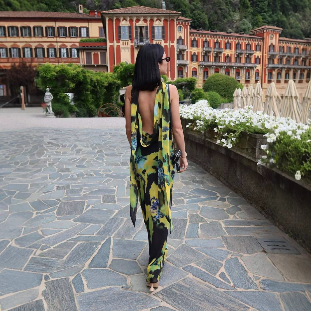 Halter Scarf-Decorated V-Neck Printed Dress