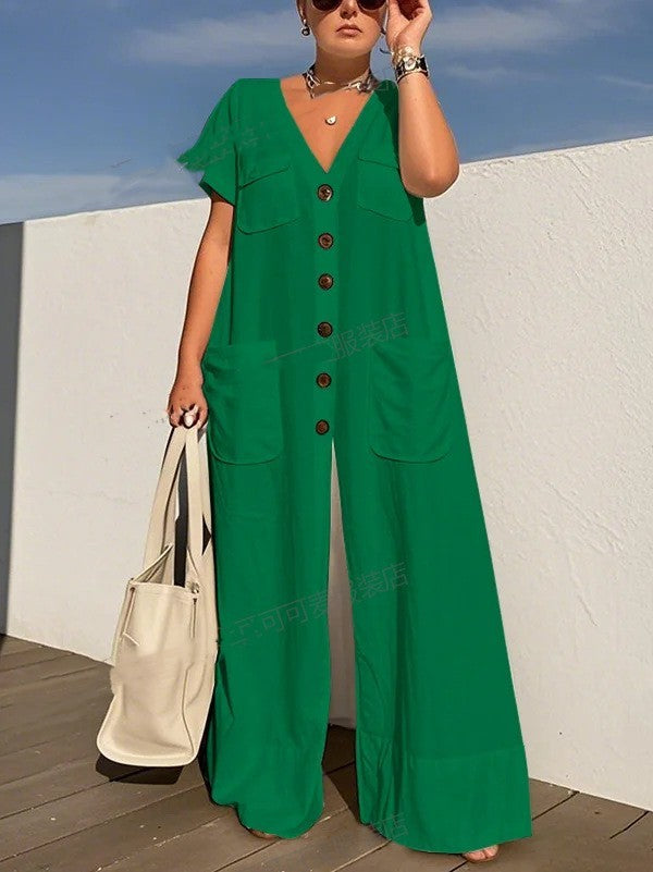 Elegant Single-Breasted Pocket Jumpsuit