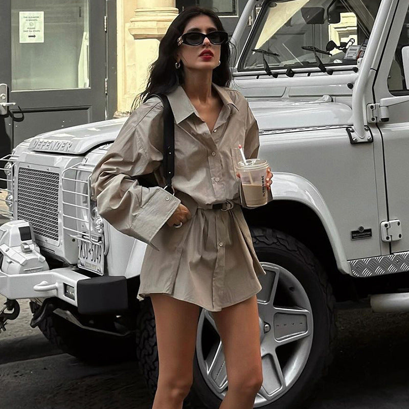 Loose Street Fashion High-Waist Lapel-Sleeve Dress