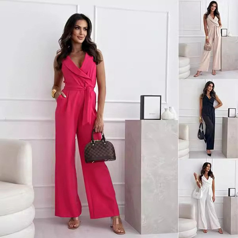 Sleeveless V-Neck Waist Lace-Up Jumpsuit