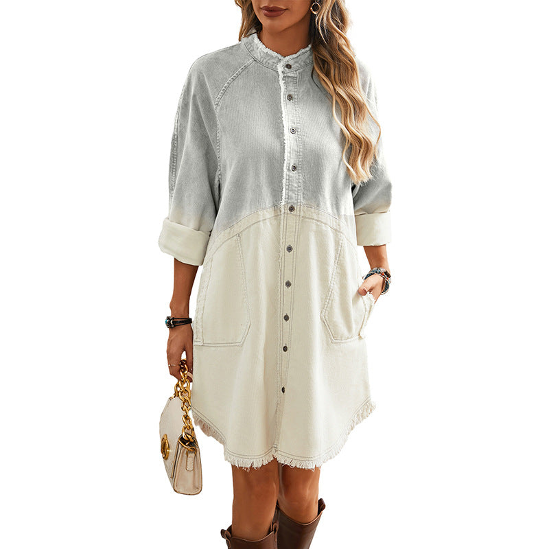 Loose-Style Buckle Gradient Denim Knee-Length Dress