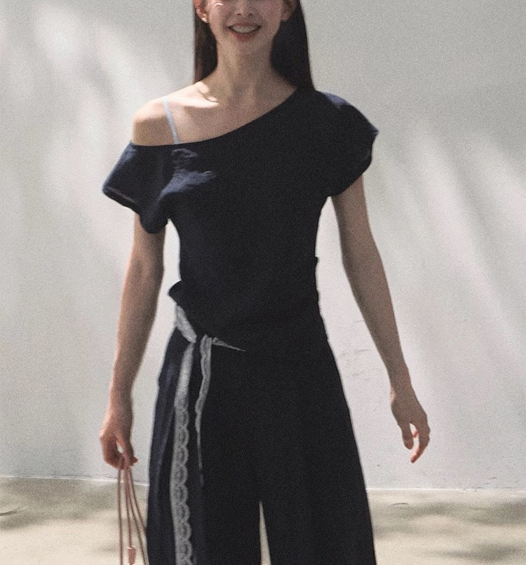 Linen Off-shoulder Short-sleeve Shirt Casual Set