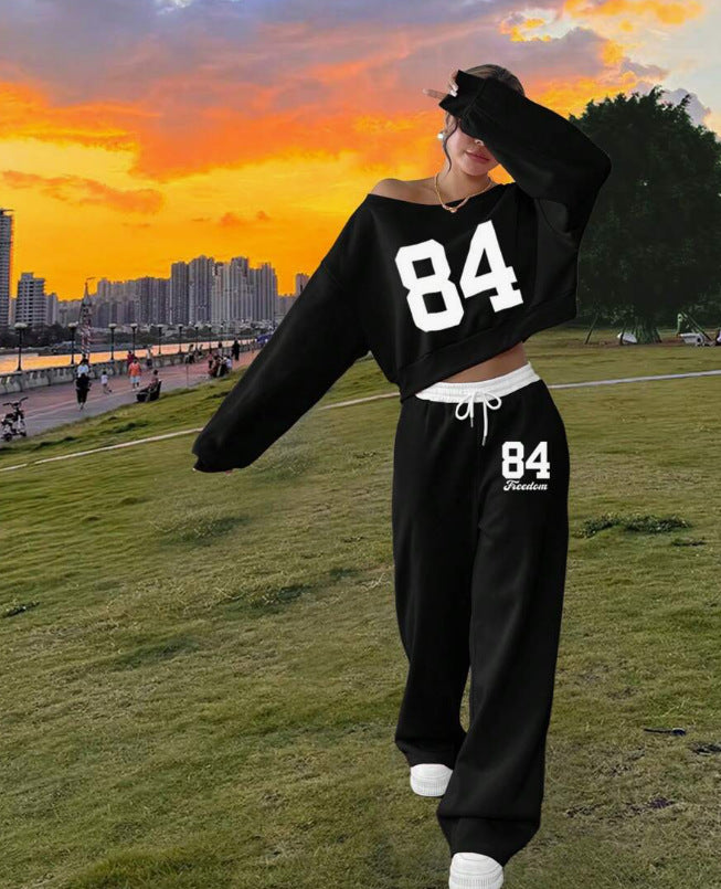 Women's Loose Casual Print Trousers Sweater Suit