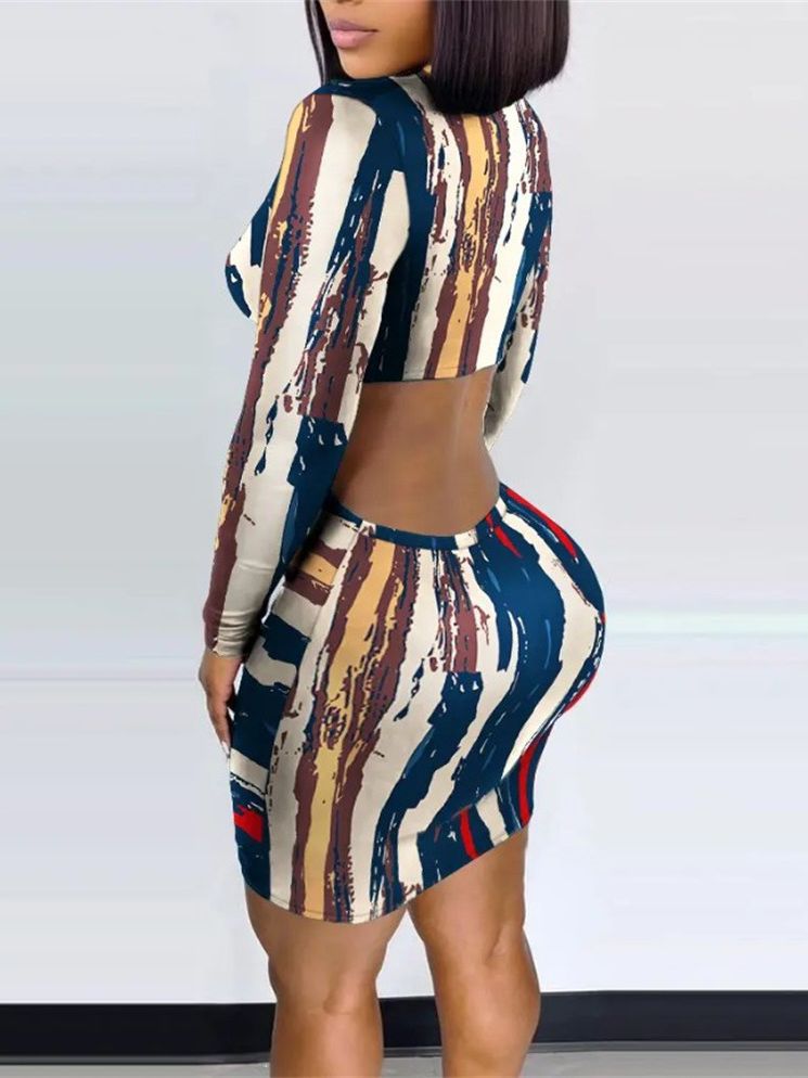 Gorgeous Printed Fashion Midriff Outfit Sheath Long-Sleeve Dress