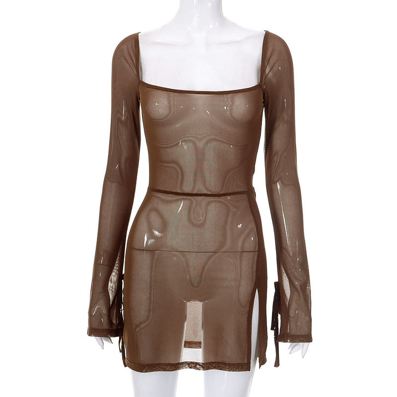 Square-Neck Long-Sleeve Split Mini Dress