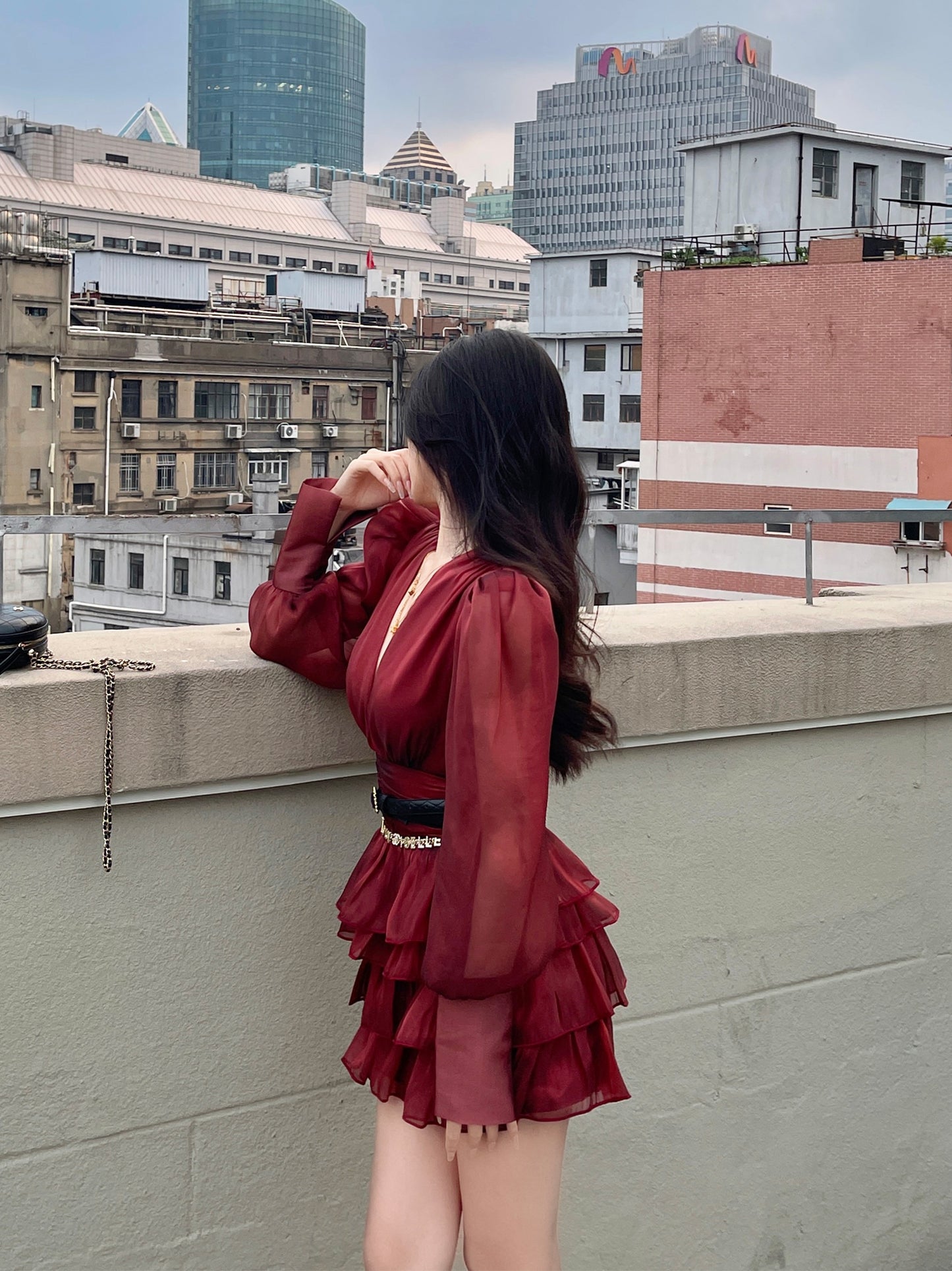 Slim Bubble-Sleeve Ruffled Mini Dress