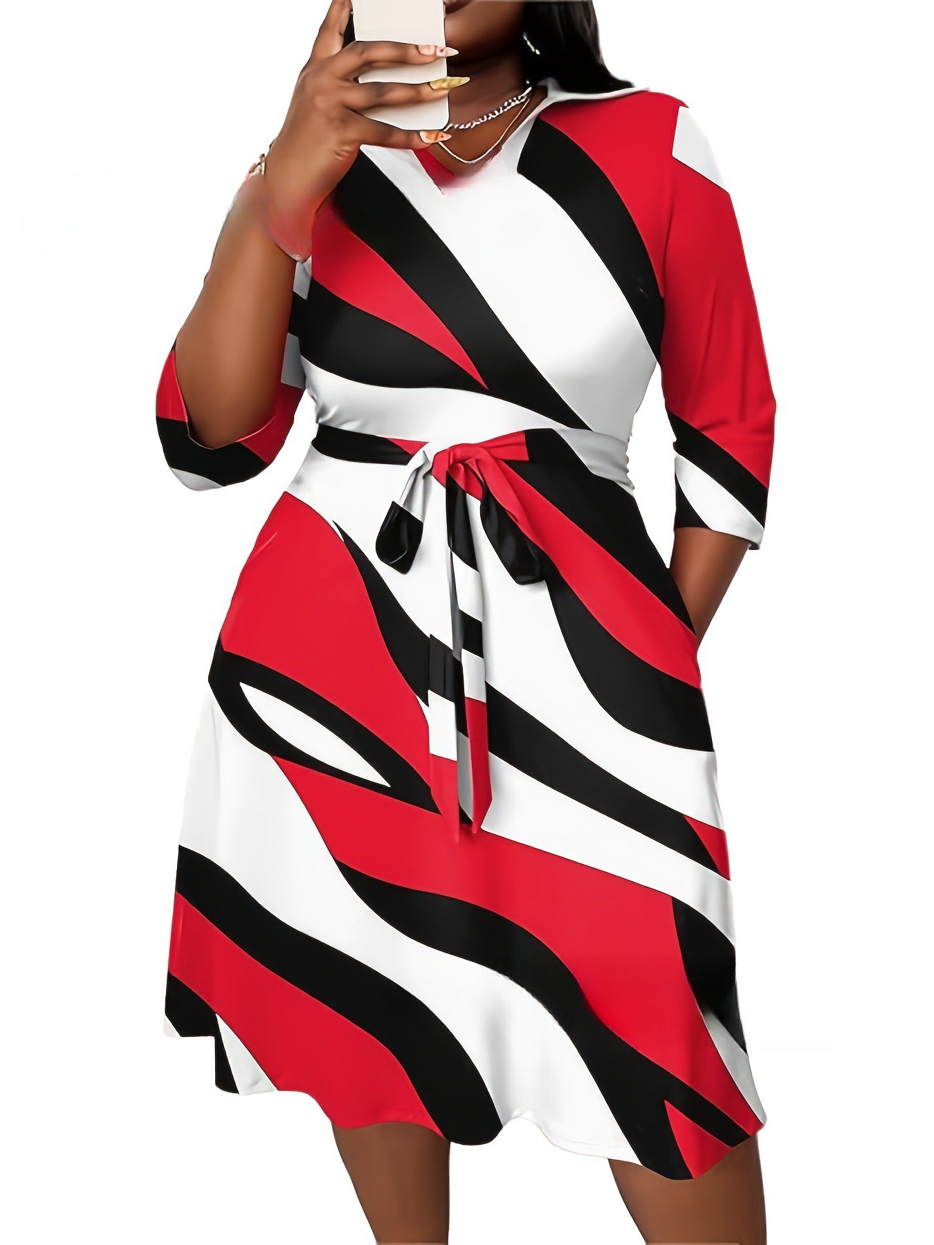 Print Casual Elegant V-Neck Midi Dress - Large Sizes
