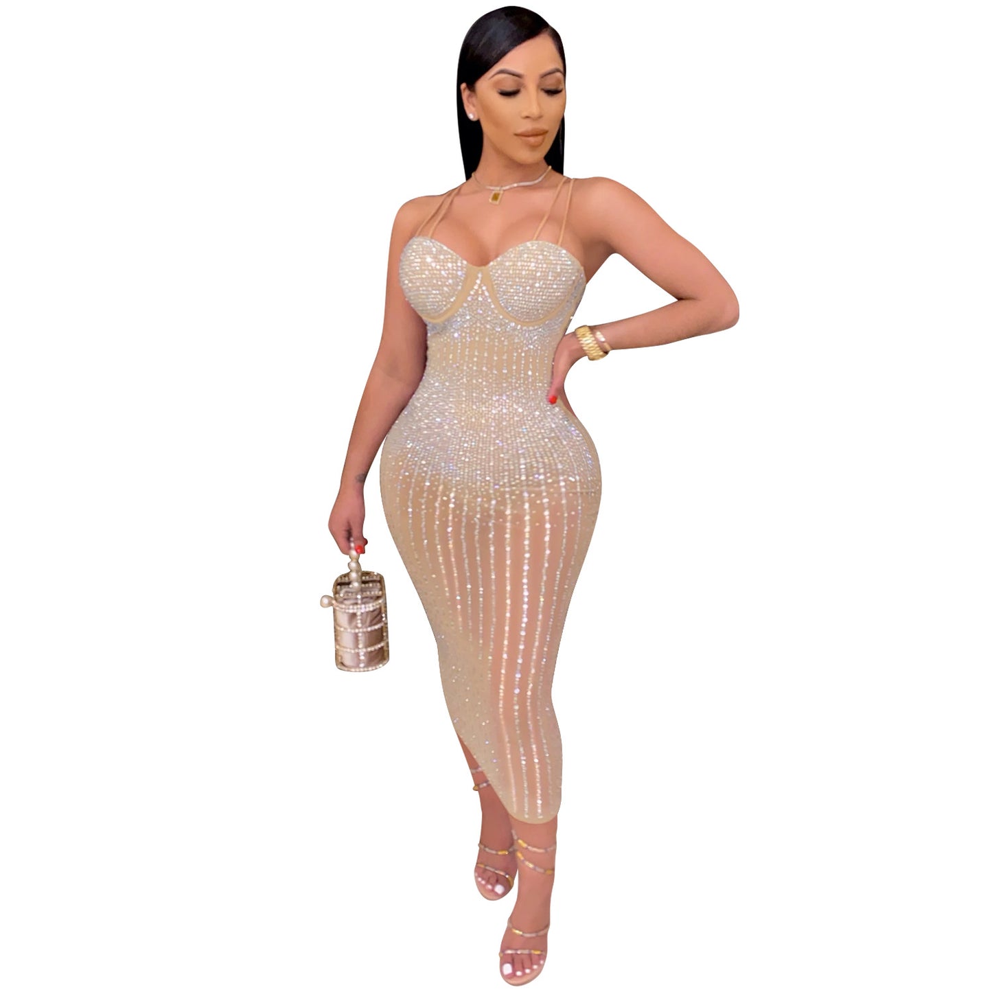 Women's Yarn See-Through Rhinestone Strap Dress