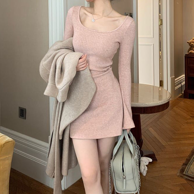 Square-Collar Bell Sleeve Knitted Dress