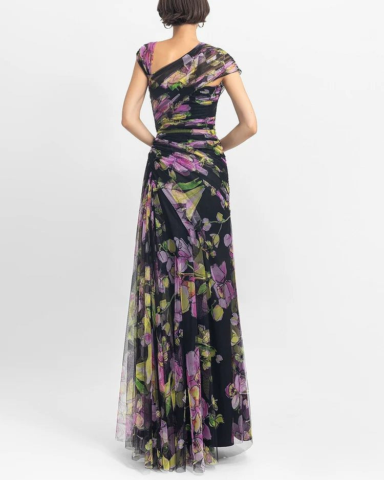 Pleated Slim Mesh Printed Long Dress
