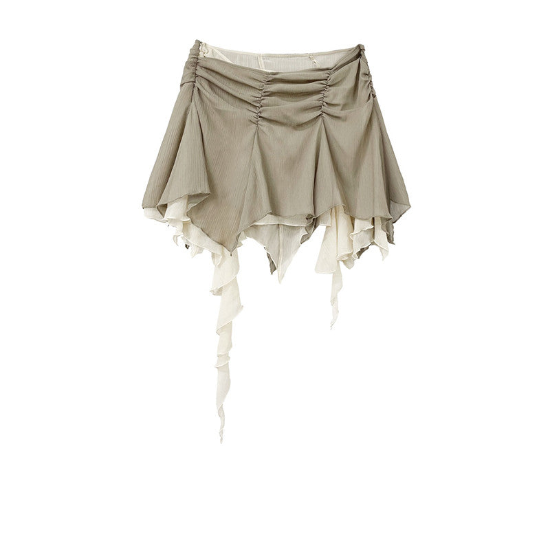 Dopamine Irregular Hem-Pleating Double-Layer Chiffon Skirt