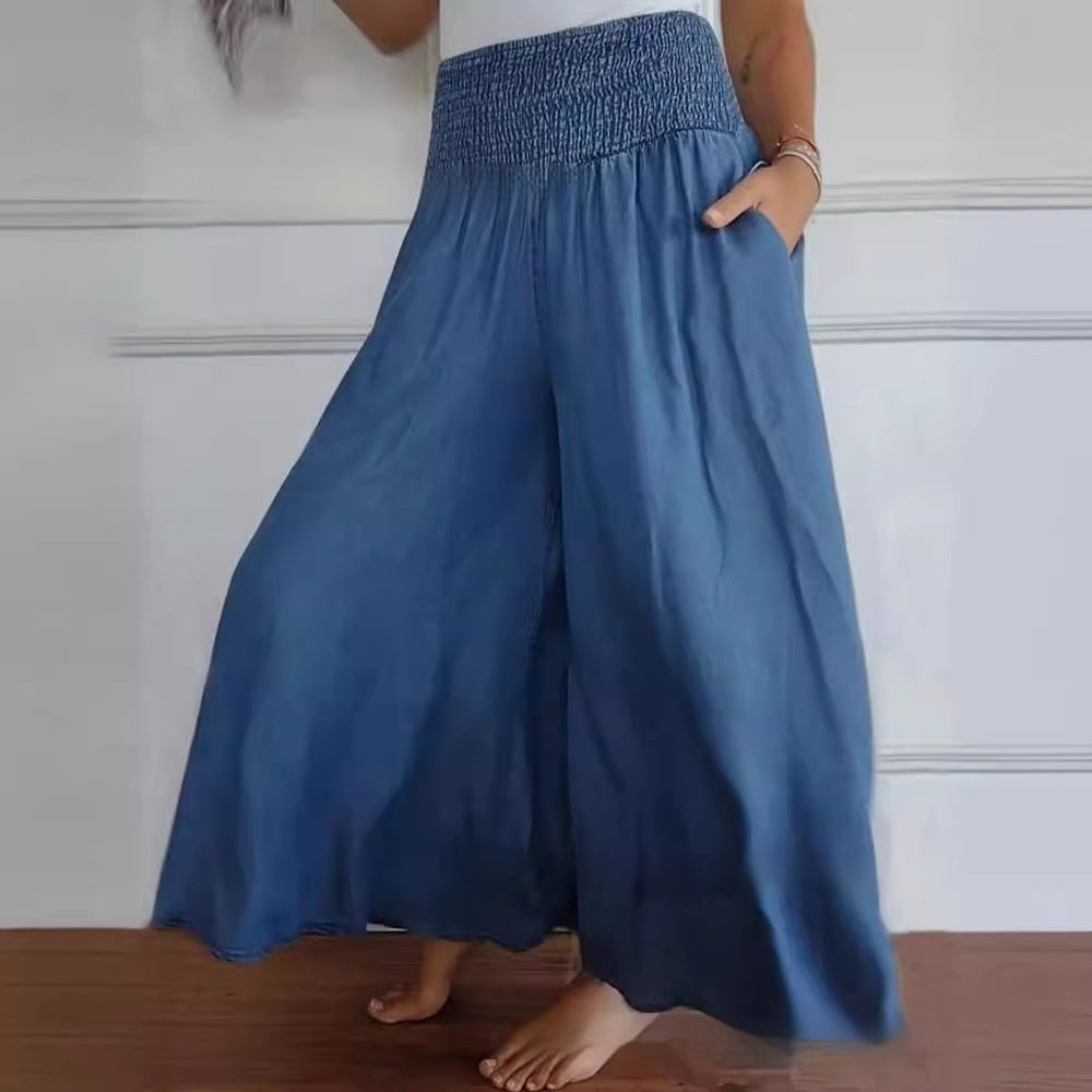High-Waist Smocking Wide-Leg Denim Trousers With Pockets