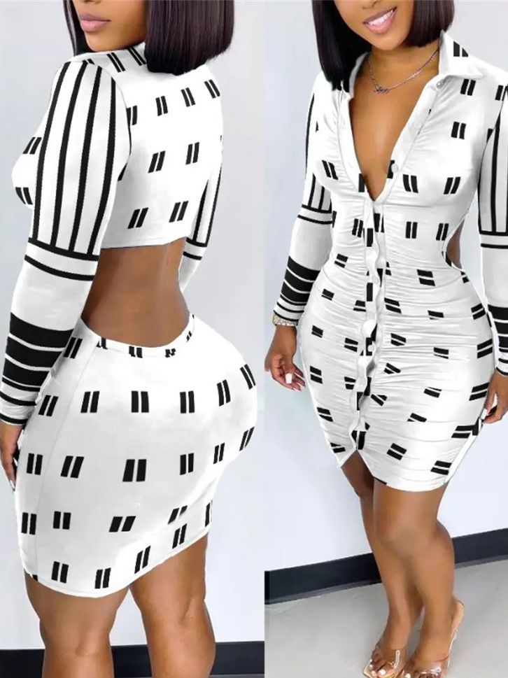 Gorgeous Printed Fashion Midriff Outfit Sheath Long-Sleeve Dress