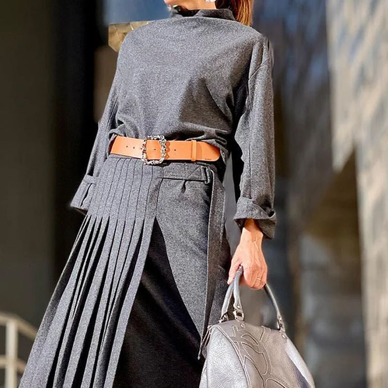 Irregular Long-Sleeve Loose Solid-Colour Dress