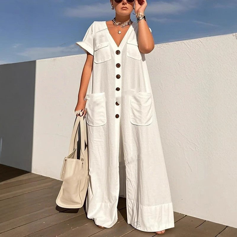 Elegant Single-Breasted Pocket Jumpsuit