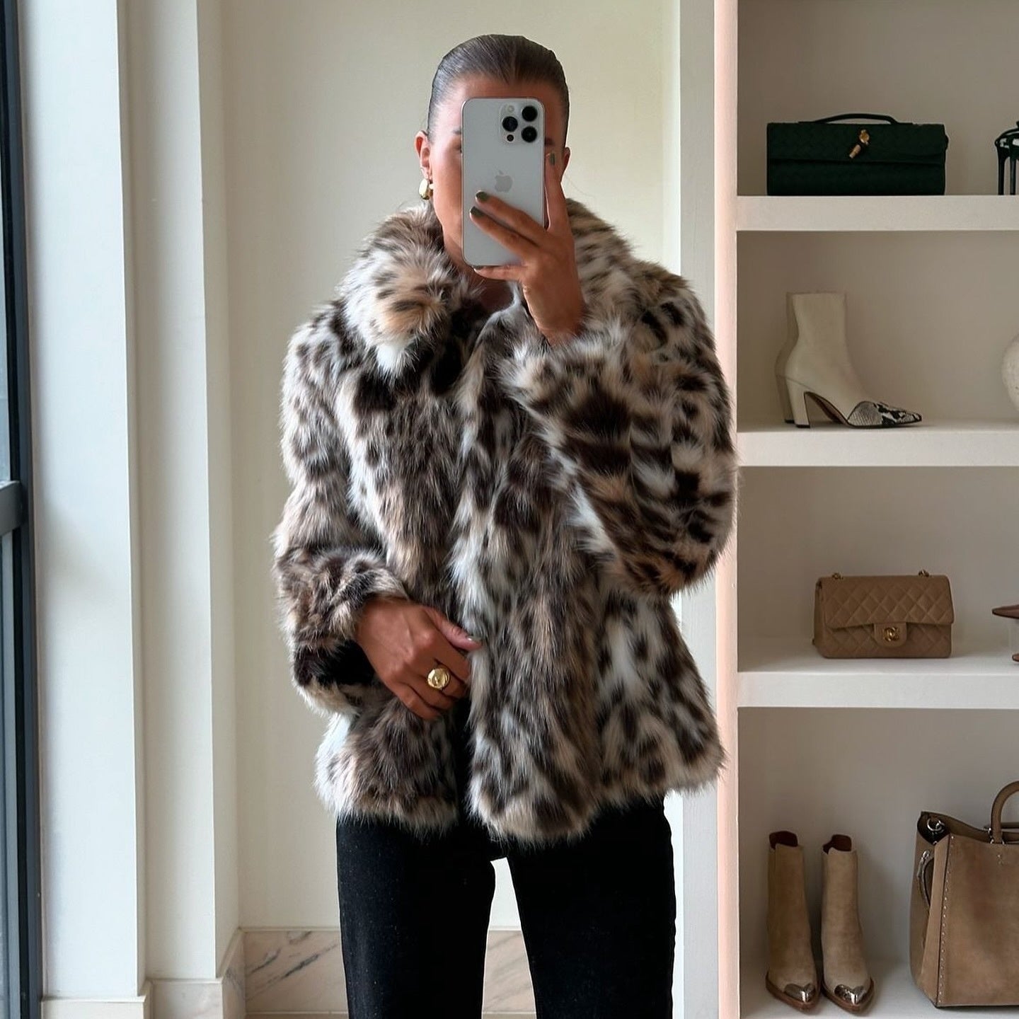 Posh Leopard Print Niche Short Lapel Fur Coat
